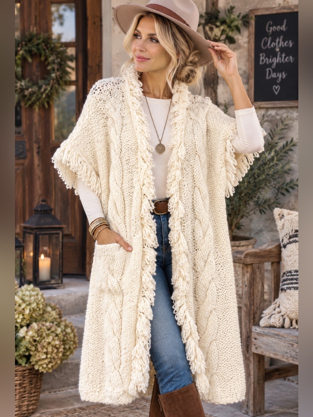 Chunky Cable Knit Sweater Vest Cardigan with Loopy Fringe Trim Boho Cottagecore